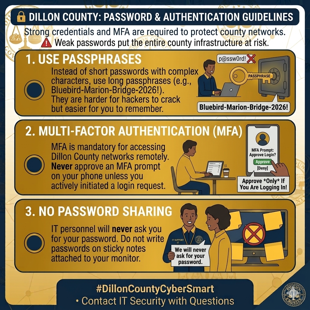 Dillon County Password and Authentication Security Guidelines Infographic